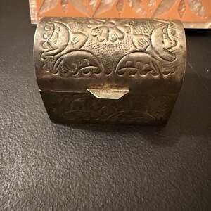 Vintage Ornate Metal Jewelry Casket Box with Blue Velvet Lining